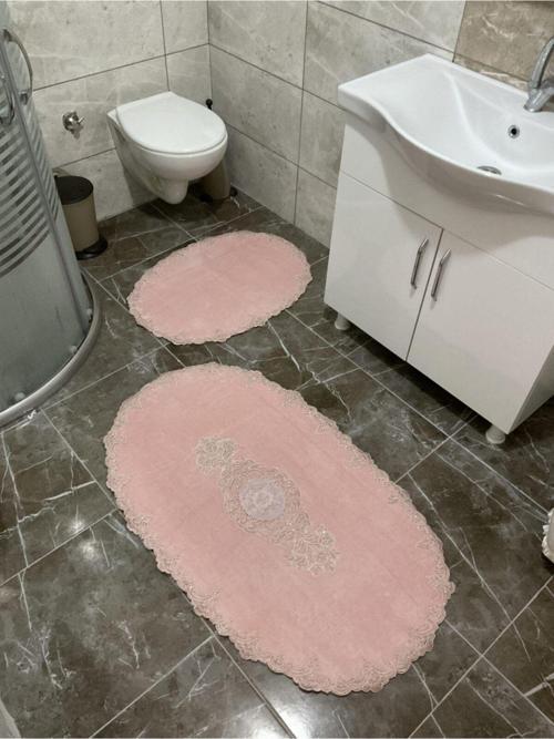 Oval Fransız Dantelli Aplikli Banyo Paspas Seti - 2Li Çeyizlik Set