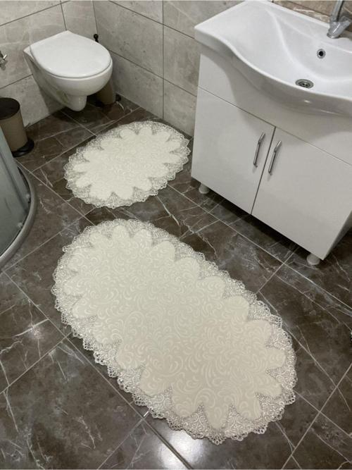 Oval Fransız Dantelli Aplikli Banyo Paspas Seti - Ortası Desensiz 2Li Çeyizlik Set