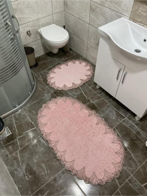 Oval Fransız Dantelli Aplikli Banyo Paspas Seti - Ortası Desensiz 2Li Çeyizlik Set