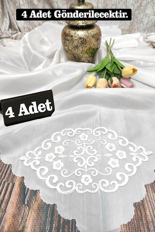 4 Adet Çeyizlik Bohça, Saten Bohça Dantelli Nişan Bohçası - Krem