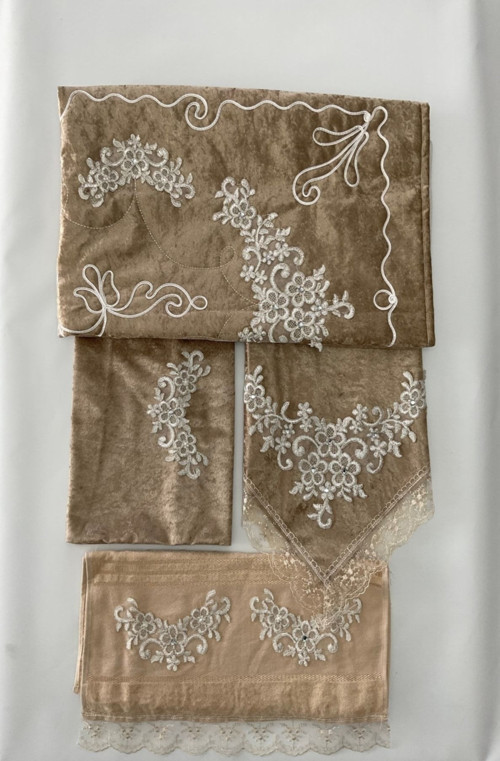 Kadife Seccade Seti 4 Parça - Çeyizlik Kadife Seccade Takımı 4'Lü