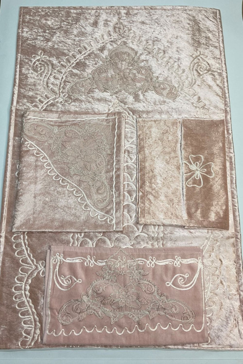 Kadife Seccade Seti 4 Parça - Çeyizlik Kadife Seccade Takımı