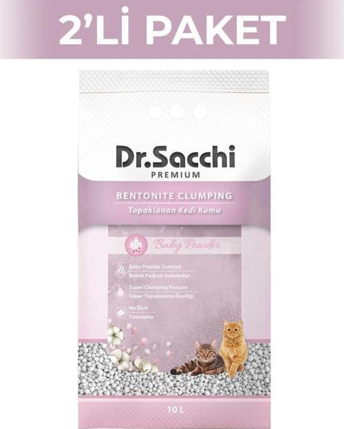 Dr.Sacchi Süper Emici Bebek Pudralı Topaklanan Bentonit Doğal Kedi Kumu 10 lt 2 Adet