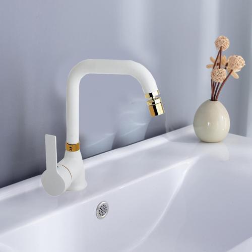 Mat Beyaz Gold Lavabo Bataryası Pirinç 360 Derece Oynar Perlatörlü Siera