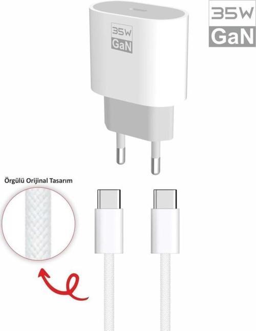 35 watt GaN Type-C Çıkışlı Hızlı Şarj Başlık Adaptör + 1m Type-C to Type-C Hızlı Şarj Kablosu GaN Teknoloji