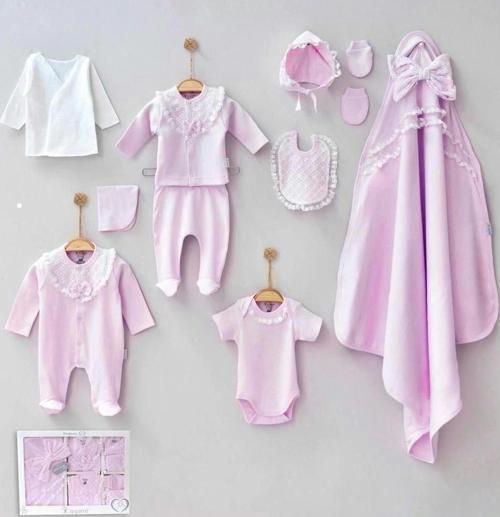 Dantelli Kız Bebek 10 Parça kız Bebek Hastane Çıkışı Kutulu Pembe