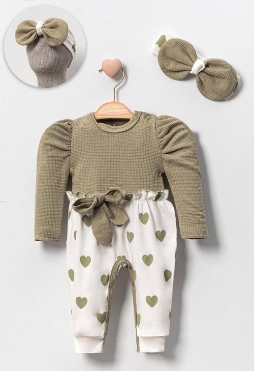 3-9 Ay Kız Bebek Kalp Waffle Bandanalı 2'li Tulum Yeşil