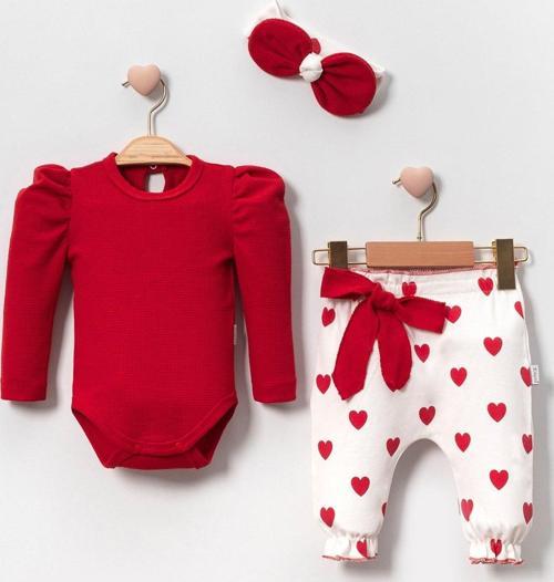 3-18 Ay Bandana Kız Bebek Takımı 3'lü Waffle Kırmızı