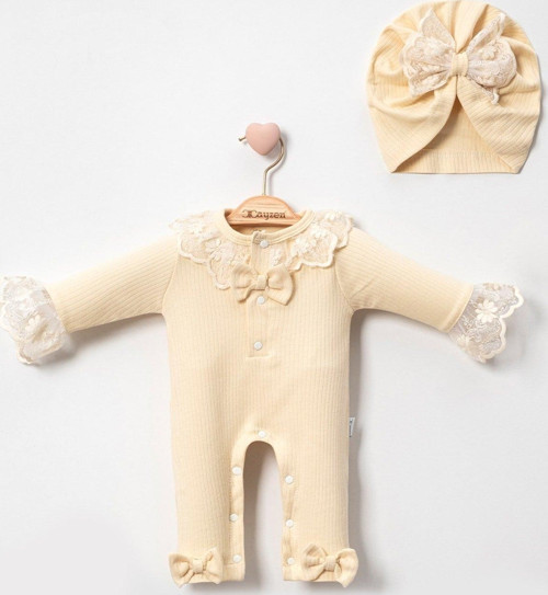 3-9 Ay Dantel Yaka Kız Bebek Tulumu Şapkalı Krem