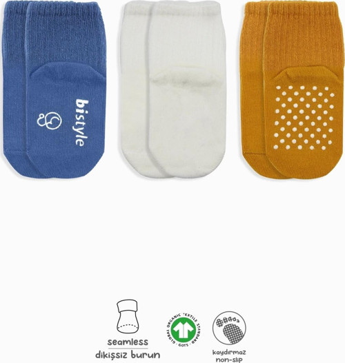 Basic Kaymaz Penye Soket Çorap 3'Lü BS10107 İndigo Ekru Hardal