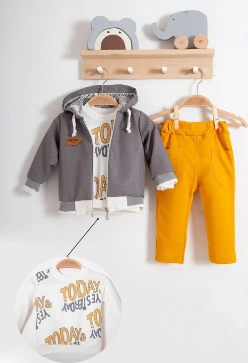 3-18 Ay Erkek Bebek Today Baskılı Yağmurluk 3'lü Takım Gri