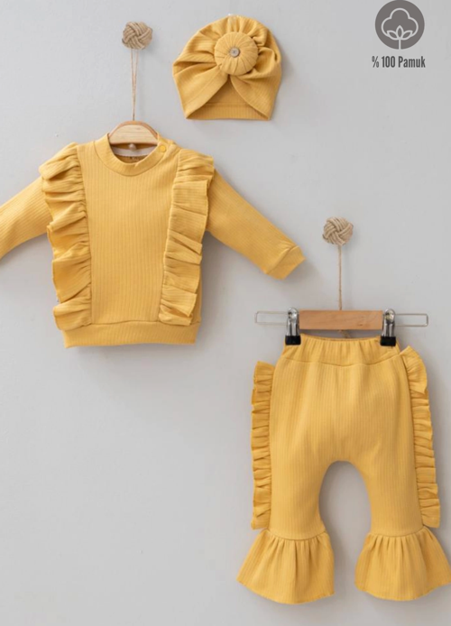3-12 Ay Kız Bebek Takımı Omuz Fırfır Boneli 3'lü Hardal