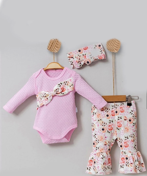 3-12 Ay Kız Bebek Takımı Çiçek Fiyonklu 3'lü Pembe