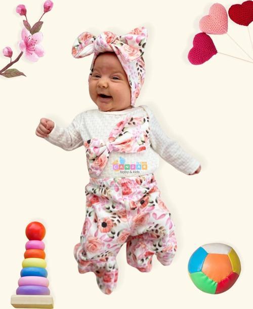 3-12 Ay Kız Bebek Takımı Çiçek Fiyonklu 3'lü Krem