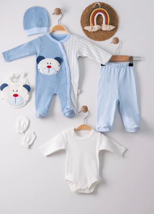 3 Ay Ayıcık Nakış Tulumlu Erkek Bebek 5'li Set Mavi