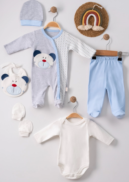 3 Ay Ayıcıklı Tulumlu Erkek Bebek 5'li Set Mavi