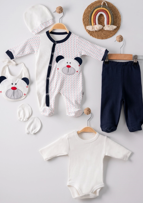 3 Ay Puanlı Ayıcık Nakışlı Tulumlu Erkek Bebek 5'li Set Lacivert