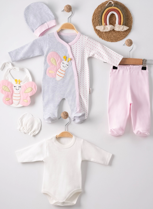 3 Ay Kelebek Nakışlı Tulumlu Kız Bebek 5'li Set Gri