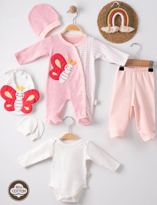 3 Ay Kelebek Nakışlı Puanlı Tulumlu Kız Bebek 5'li Set Pembe