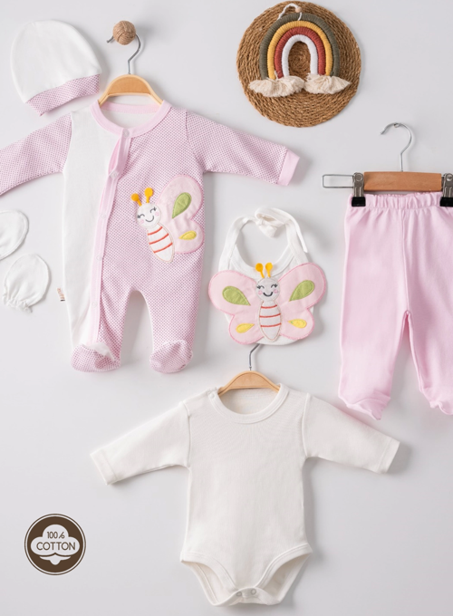 3 Ay Kelebek Nakış Puanlı Tulumlu Kız Bebek 5'li Set Pembe