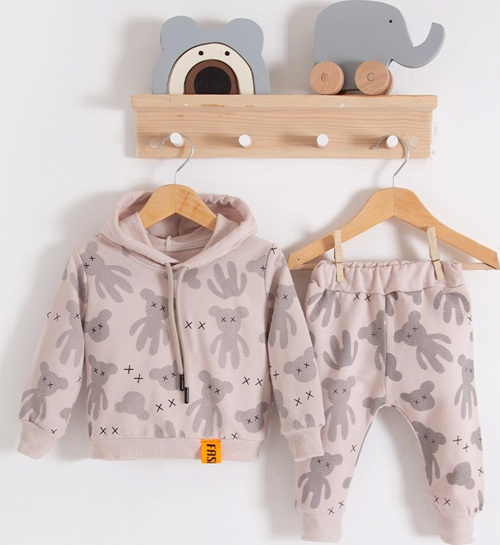 3-18 Ay Erkek Bebek Takımı Cool Bear Kapüşonlu Krem