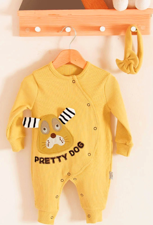 3-18 Ay Kız Bebek Tulumu Pretty Dog Nakış Bandanalı Sarı