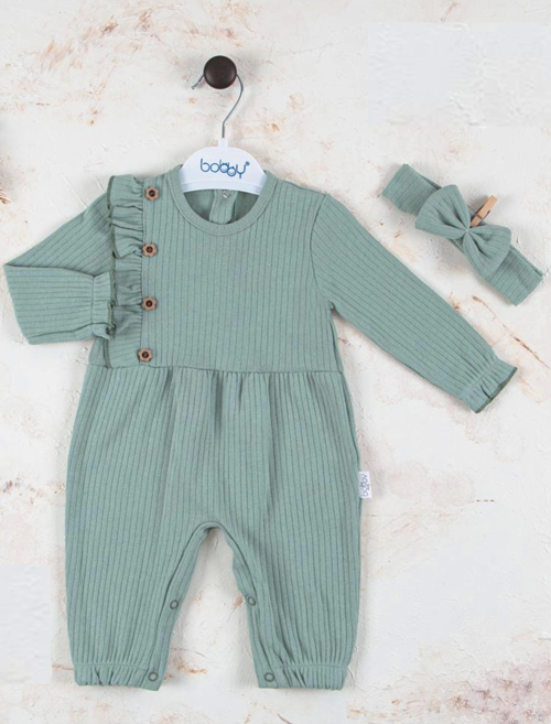 3-18 Ay Kız Bebek Tulumu Düğme Detay Bandanalı Yeşil