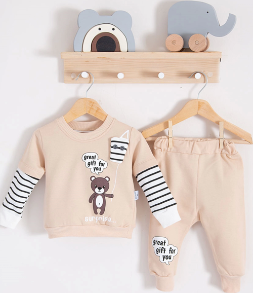 3-18 Ay Erkek Bebek Takımı Gift For You 2'li Krem