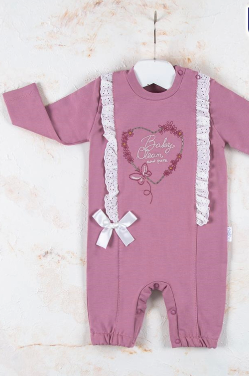 3-12 Ay Kız Bebek Tulumu Love Kalp Nakışlı Mor