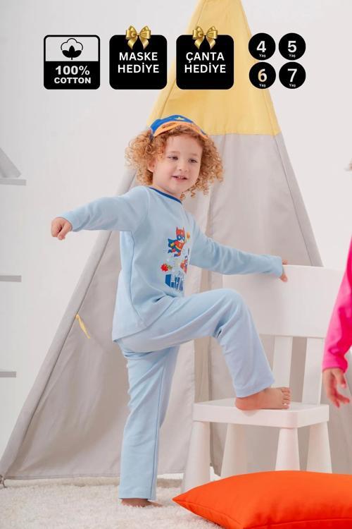 4-7 Yaş Süper Heros Çanta Ve Maskeli Erkek Çocuk Pijama Takımı Mavi