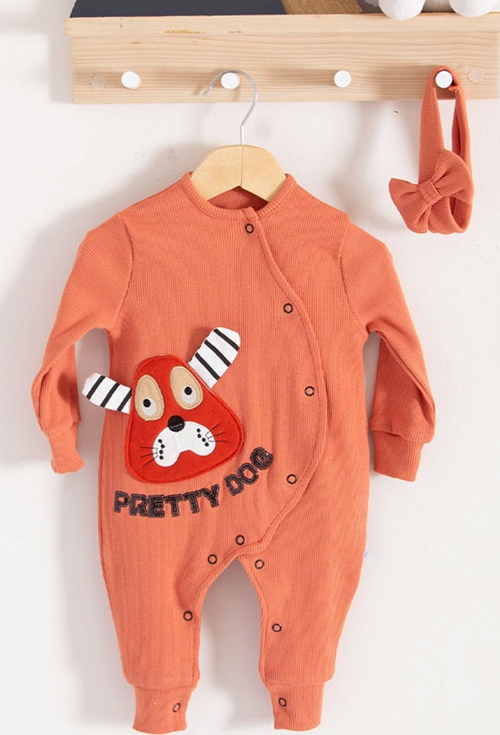 3-18 Ay Pretty Dog Kız Bebek Tulumu Bandanalı Kiremit