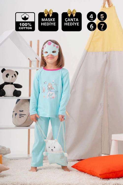 4-7 Yaş Deniz Kızı Çanta Ve Maskeli Kız Çocuk Pijama Takımı Yeşil