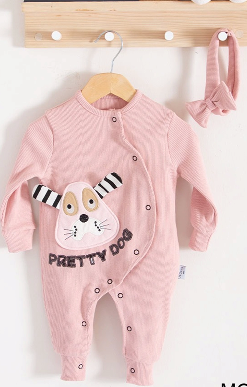 3-18 Ay Kız Bebek Tulumu Pretty Dog Bandanalı Gül Kurusu