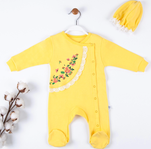 3-9 Ay Kız Bebek Tulumu Çiçek Nakışlı Şapkalı Sarı