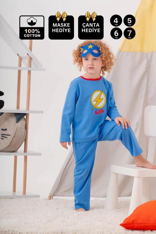 4-7 Yaş Heros Çanta Ve Maskeli Erkek Çocuk Pijama Takımı Koyu Mavi