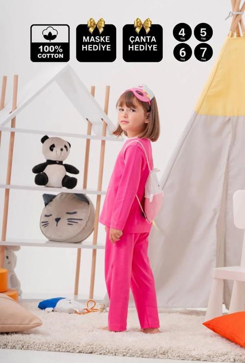 4-7 Yaş Heroıne Çanta Ve Maskeli Kız Çocuk Pijama Takımı Gül Kurusu