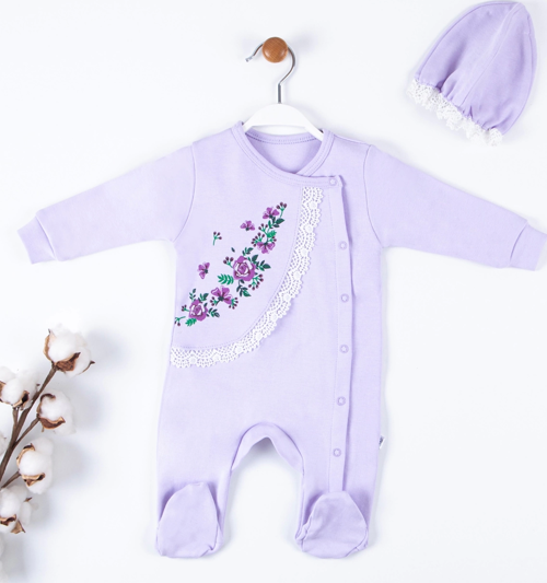 3-9 Ay Kız Bebek Tulumu Çiçek Nakışlı Şapkalı Lila