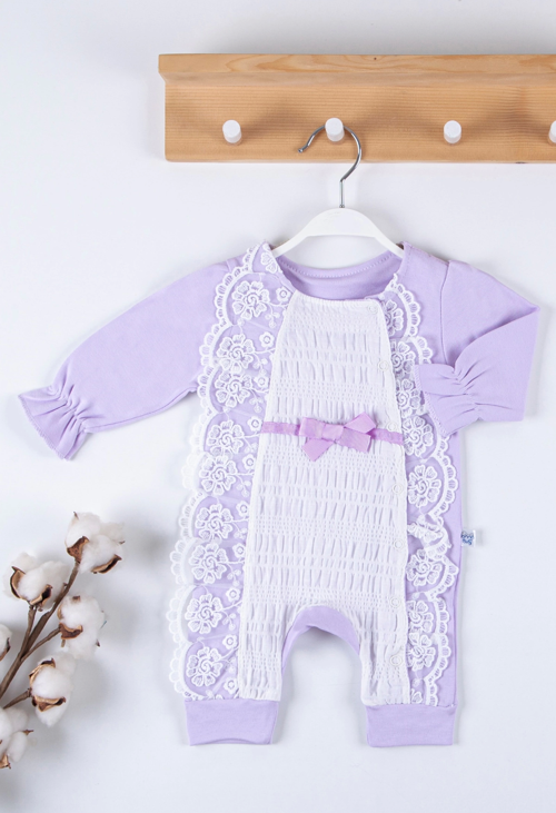 3-9 Ay Kız Bebek Tulumu Gofralı Fransız Güpür Lila