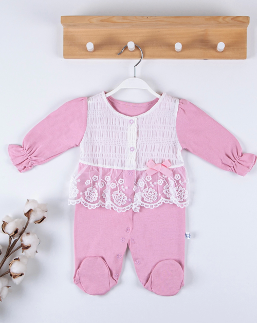 3-9 Ay Kız Bebek Tulumu Gofralı Fransız Güpürlü Pembe