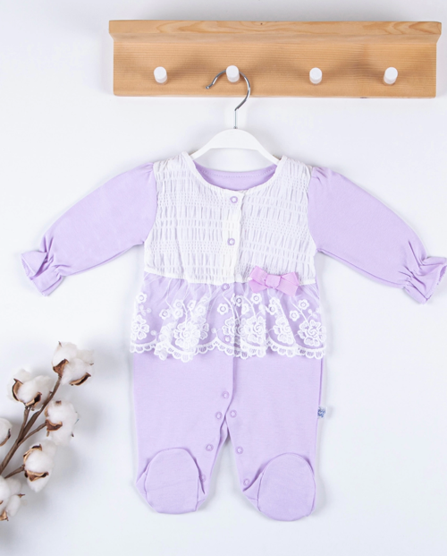 3-9 Ay Kız Bebek Tulumu Gofralı Fransız Güpürlü Lila