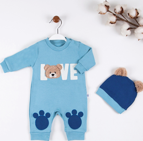 3-9 Ay Erkek Bebek Tulumu Love Bear Nakışlı Mavi