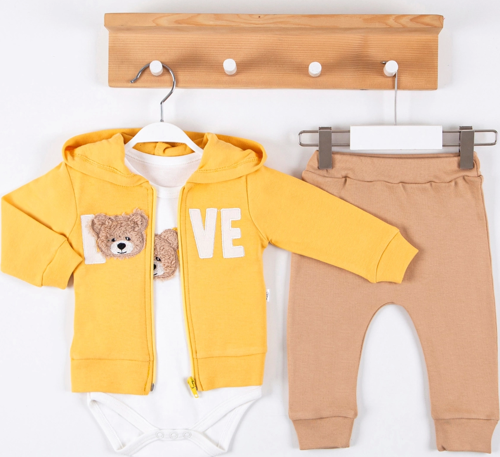 3-12 Ay Erkek Bebek Takımı Love Bear Nakış Hırkalı 3'lü Sarı