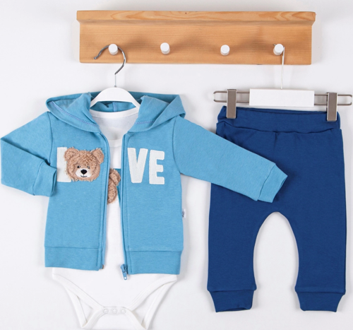 3-12 Ay Erkek Bebek Takımı Love Bear Nakış Hırkalı 3'lü Mavi