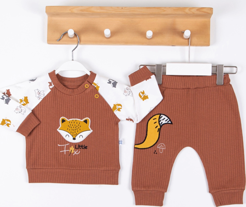 3-12 Ay Erkek Bebek Takımı Littie Fox Nakışlı 2'li Kahverengi