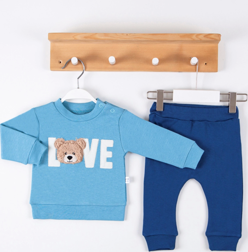 3-12 Ay Erkek Bebek Takımı Bear Love Nakışlı 2'li Mavi