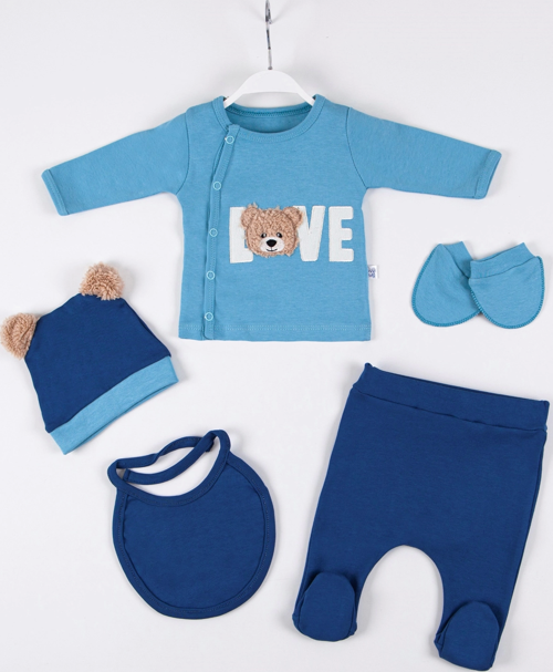 3 Ay Bebek Hastane Çıkışı Love Bear Nakışlı 5'li Erkek Mavi