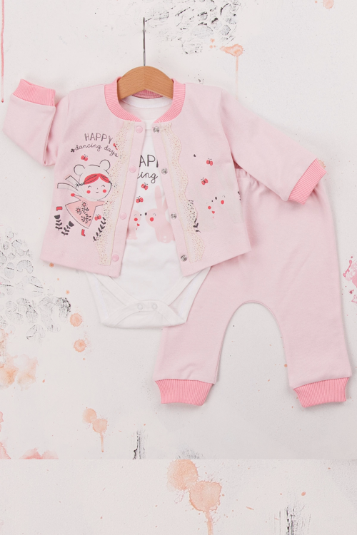 3-9 Ay Kız Bebek Takımı Happy Dancing 3'lü Hırkalı Pembe