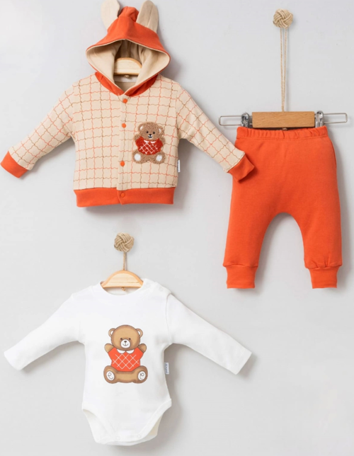 3-9 Ay Bear Çizgili Hırkalı 3'lü Bebek Takımı Kiremit
