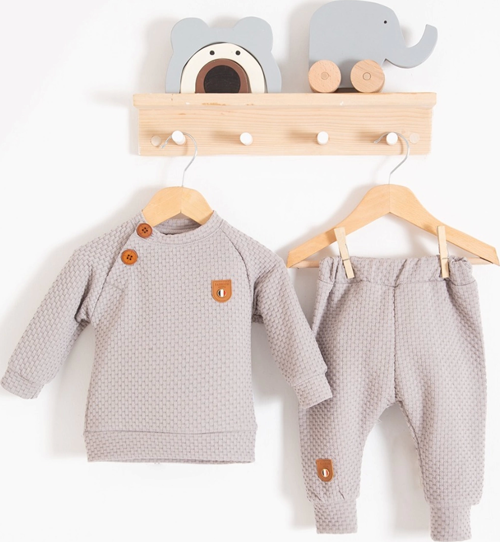 3-18 Ay Erkek Bebek Takımı Jakarlı Omuz Düğmeli 2'li Gri
