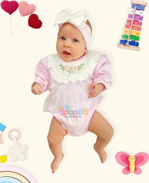 3-12 Ay Çiçek Nakışlı Tüllü Bandanalı Kız Bebek Romper Pembe